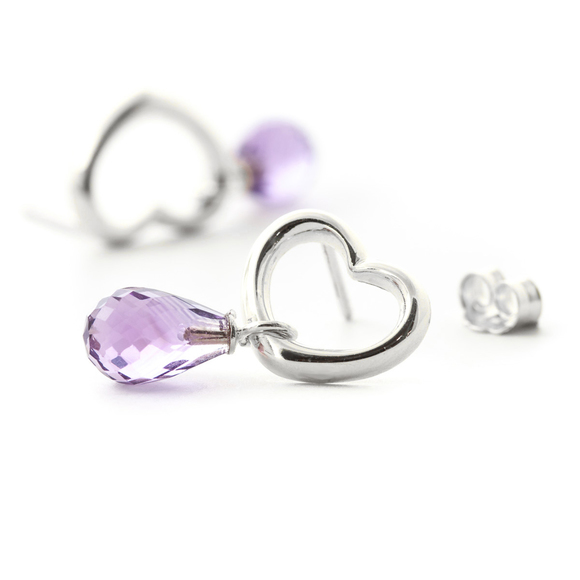 Galaxy Gold Products Jewelry - 14K. SOLID GOLD HEART EARRING WITH DANGLING NATURAL AMETHYSTS (White Gold)
